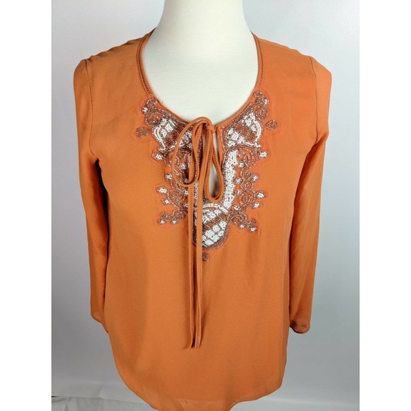Nurture Apricot Blouse Embellished Beaded Size Small Billow Sleeves Front Tie - Picture 2 of 8